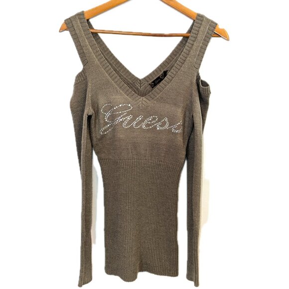 Guess | Taupe Brown Cold Shoulder Sweater Y2K Rhinestone Embellished | Medium - Picture 6 of 12